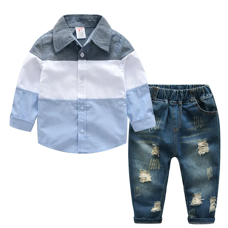Весенняя рубашка с длинными рукавами для мальчиков, джинсовый костюм с брюками, мужской комплект из двух предметов в британском стиле