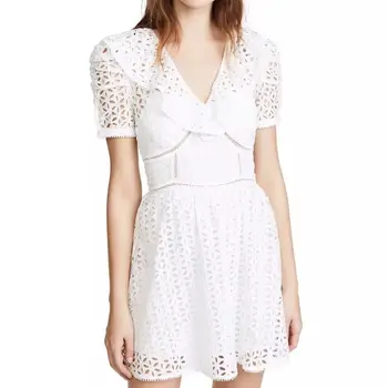 

Self-portrait V-neck Short Sleeve Embroidery Women Dress White Ruffle Hollow Out Cotton Lace Dresses Beach Summer Short Dress