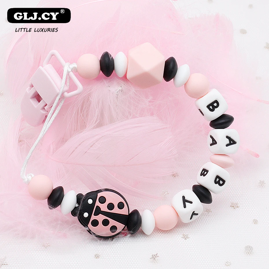 

NEW Personalised Name Silicone Ladybug Pacifier Clip Colorful Pacifier Chain for Baby Teething Soother Chew Toy Dummy Clips