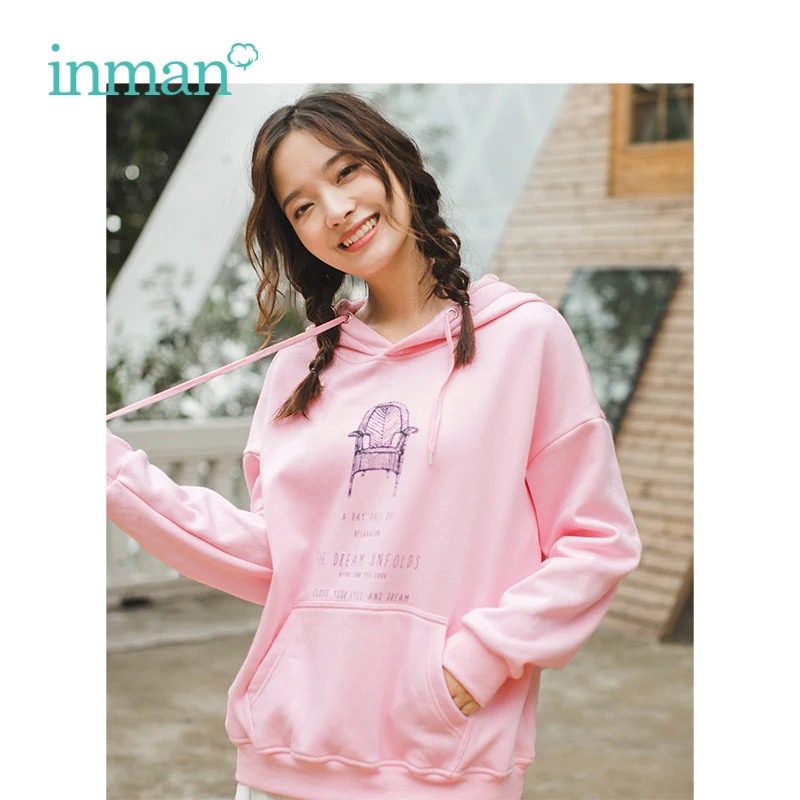 

INMAN Winter New Arrival Hooded Print Loose Casual Literary Velvet Plus Woman Sweatshirt