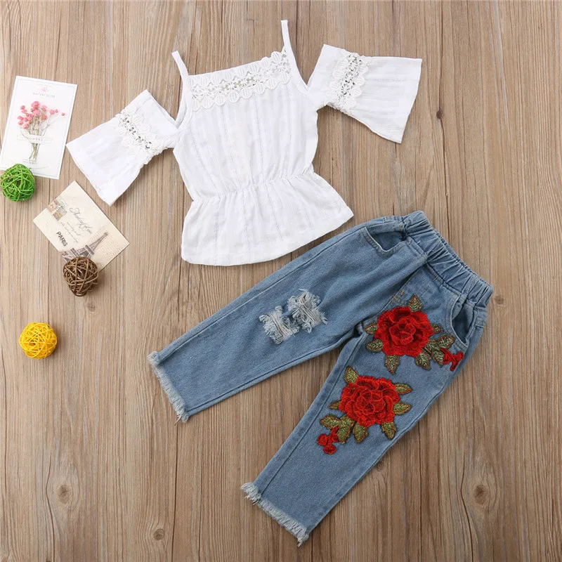 Комплект одежды для новорожденных девочек; топы с кружевными рукавами; футболка; джинсовые штаны с цветочным принтом и длинными рукавами; джинсовая одежда