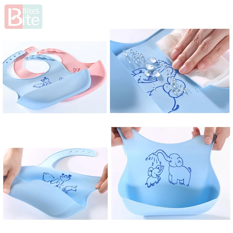 Bite Bites Baby Bibs Waterproof Newborn Feeding Cartoon Animal Elephant BPA Free Baby Stuff Food Grade Silicone Bibs