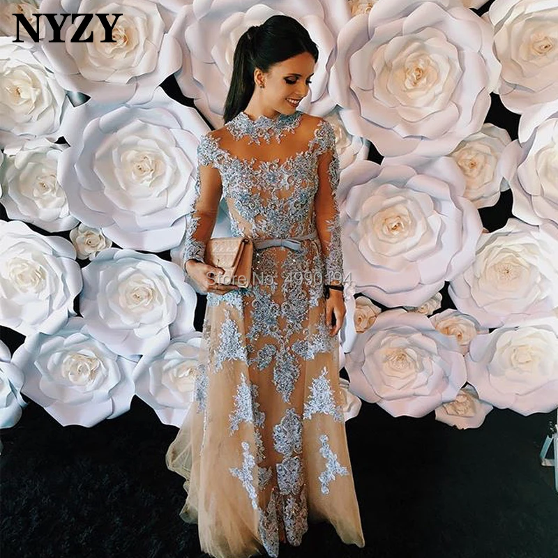 

NYZY E61 Long Sleeve Evening Dress A-line Lace Beaded Blue Champagne Formal Dress vestidos de festa robe de soiree 2019