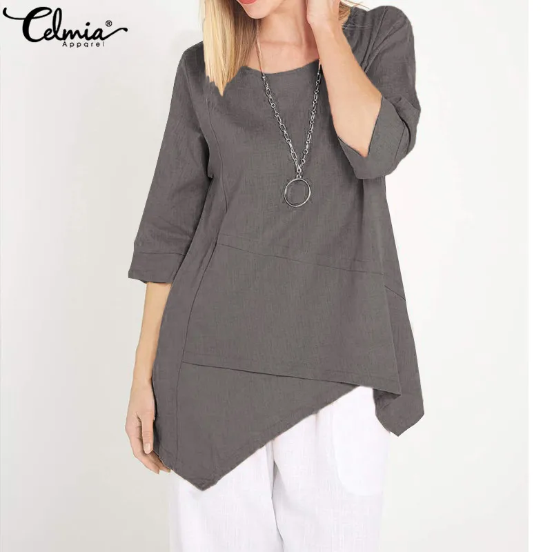 Celmia 2019 الصيف النساء خمر البلوزات زائد حجم غير المتكافئة تونك أعلى س الرقبة نصف كم فضفاض عارضة قميص Blusas Feminians Celmia 2019 الصيف النساء خمر البلوزات زائد حجم غير المتكافئة تونك أعلى س الرقبة نصف كم فضفاض عارضة قميص Blusas Feminians