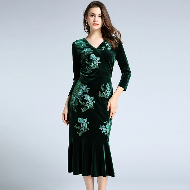 womens green velvet dress