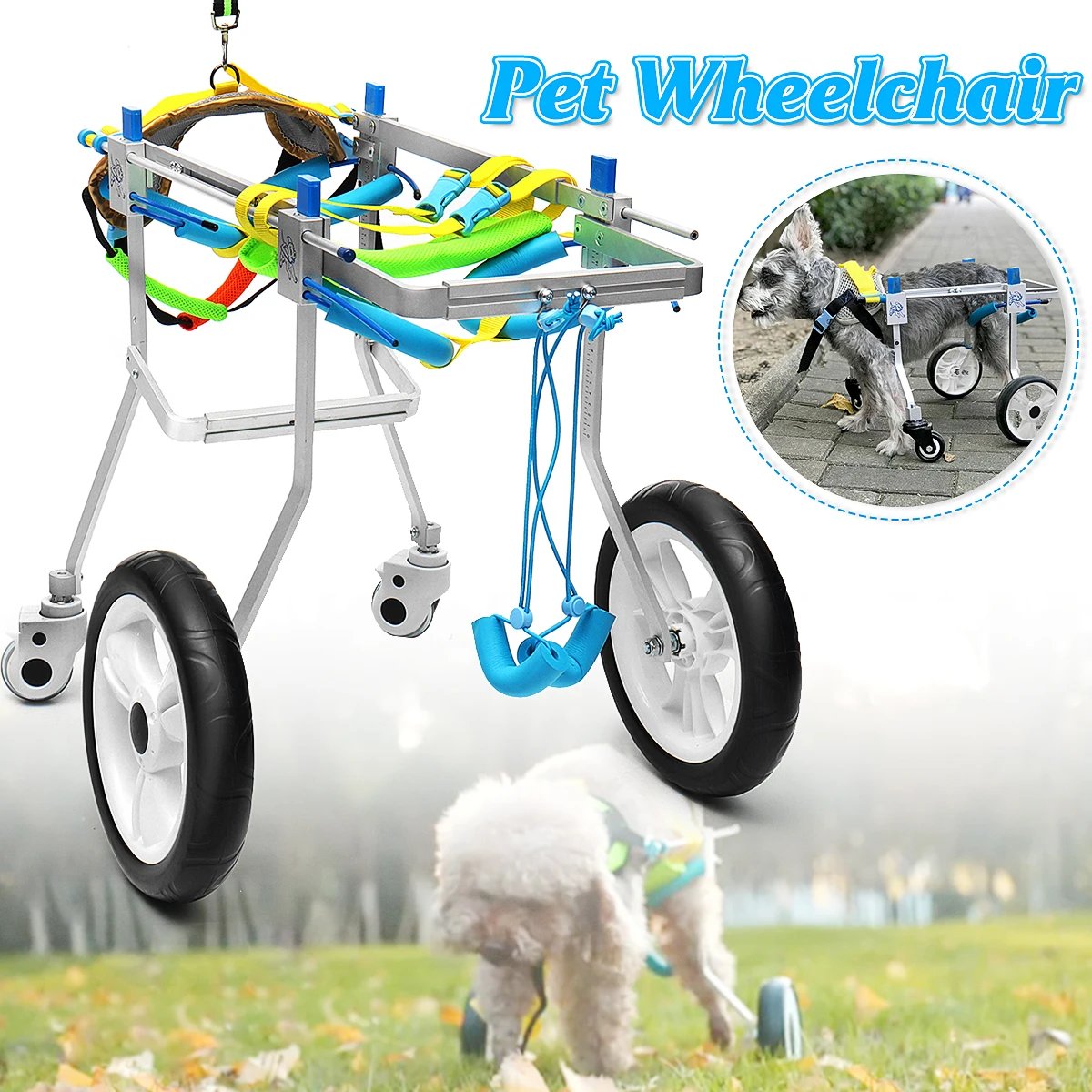 

12" Aluminium Pet Wheelchair Cart For Handicapped Cat Dog Hind Leg Walk 4 Wheels Portable to Carry/Storage 73x32x61cm Adjusted