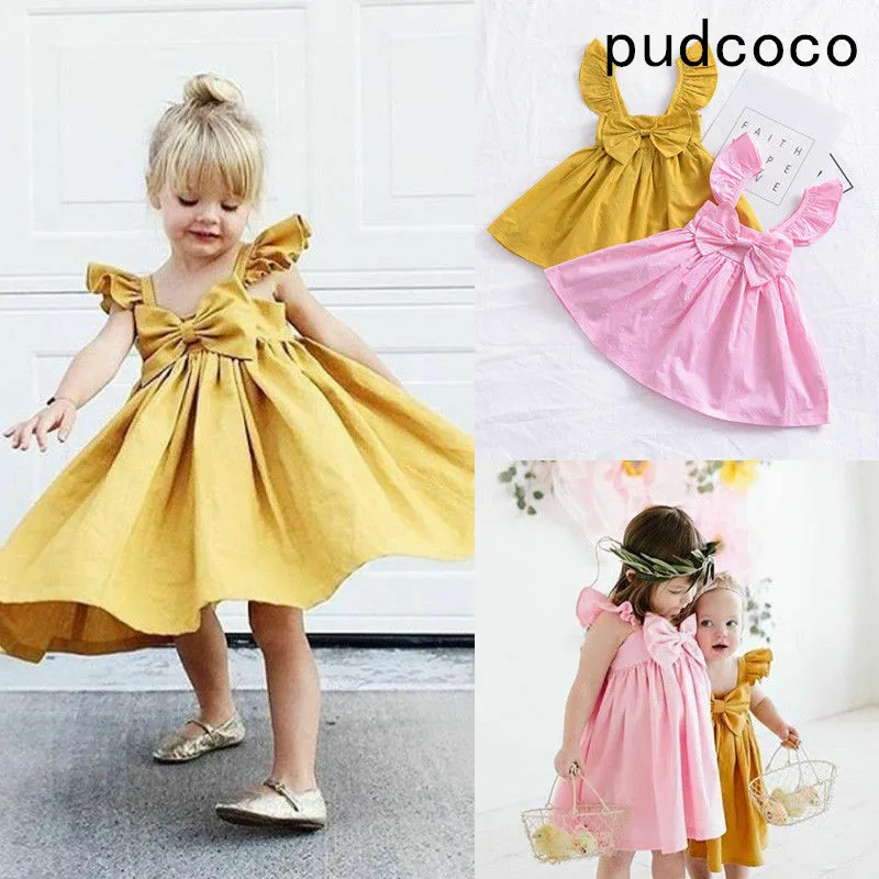 

Cute Newborn Kids Baby Girl Dresses Clothing Sleeveless Ruffle Bowknot Dress Princess Clothes Girls Outfits Solid Summer