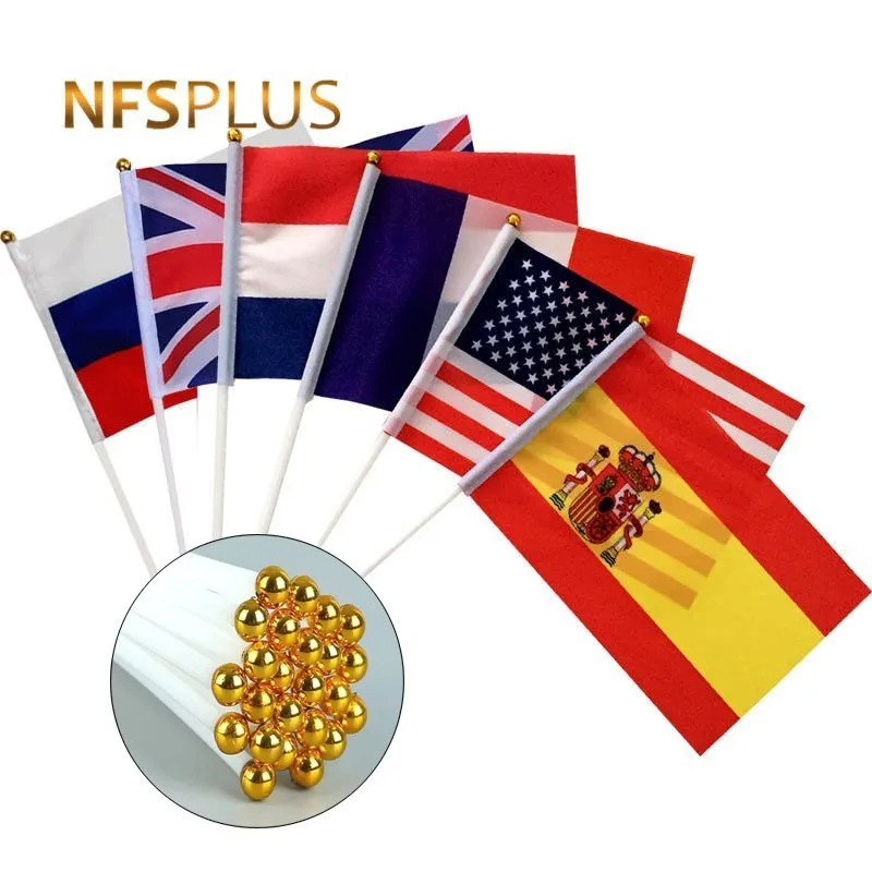 

10PCS Handheld Flag 14x21cm Polyester Russia USA UK Spain EU National Flags and Plastic Flagpoles for Celebration Sports Parade