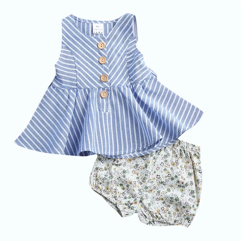 

Summer Lovely Newborn Baby Girls 2pcs Set Sleeveless Striped Tops Dress Floral Printed Shorts Fille Jolie Outfit Clothes
