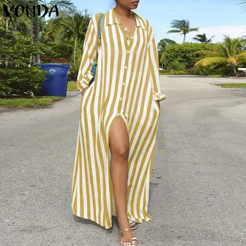 

VONDA Women Striped Shirt Dress 2019 Autumn Sexy Long Sleeve Lapel Neck Buttons Split Party Long Dresses Vacation Vestidos 5XL