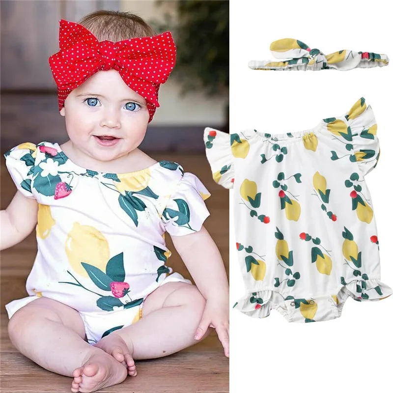 Cute Newborn Summer Clothes Infant Baby Girl Lemon Print Sets Fly