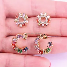 6 пар золотой цвет, Стразы Установка Радуга Красочные Круглый фианит Великолепная Женская мода серьги-стержни