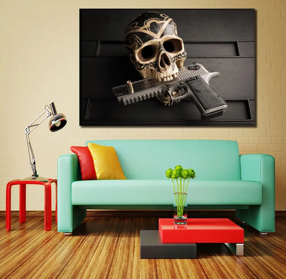 

Canvas Wall Art HD Prints Pictures Home Decor 1 Piece Skull And Pistol Painting Abstract Poster Decor Modular Framework