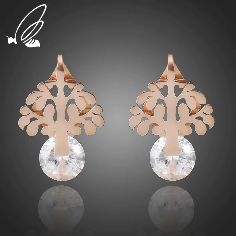 

S'Steel New Fashion Design Cute Tree Flower Shape Tiny CZ Stone Stud Earrings White&Rose Gold-Color Crystal Wholesale Jewelry