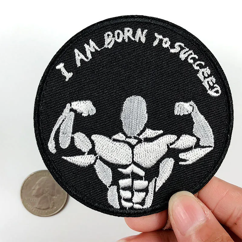 

PGY Round Black&White Strong Man Patches I Born Namely Success Appliques Letter Back Rubber Embroidery Clothing DIY Parches