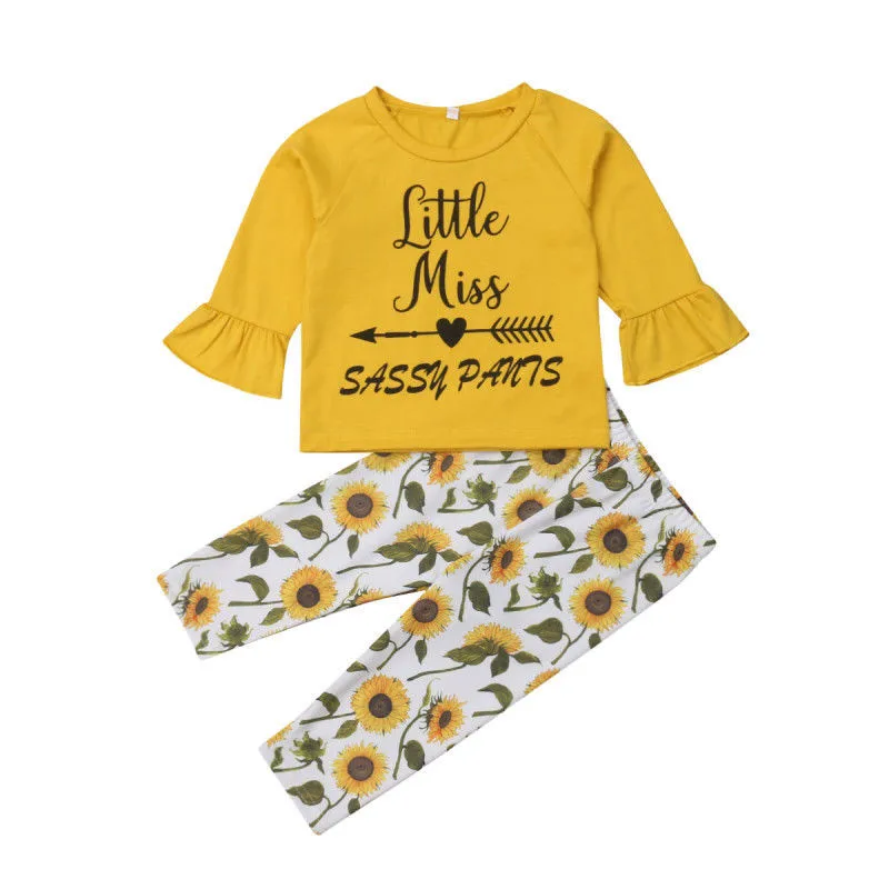 Милые топы с цветочным принтом для маленьких девочек, футболка с расклешенными рукавами, длинные штаны с подсолнухами, леггинсы, комплект