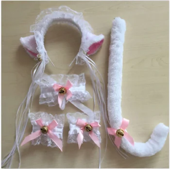 

5PCS Cat Fox Fur Ears + Tail Wristbands Anime Neko Costume Hair Headband cosplay