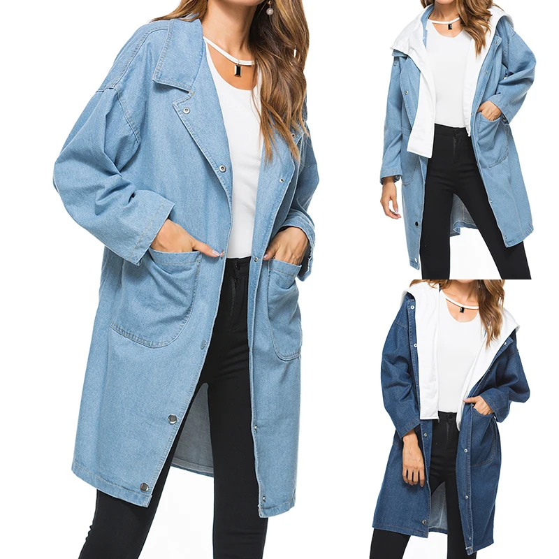 

Women's Long Sleeve Denim Coat Ladies Jean Loose Hooded Casual Jacket Outerwear