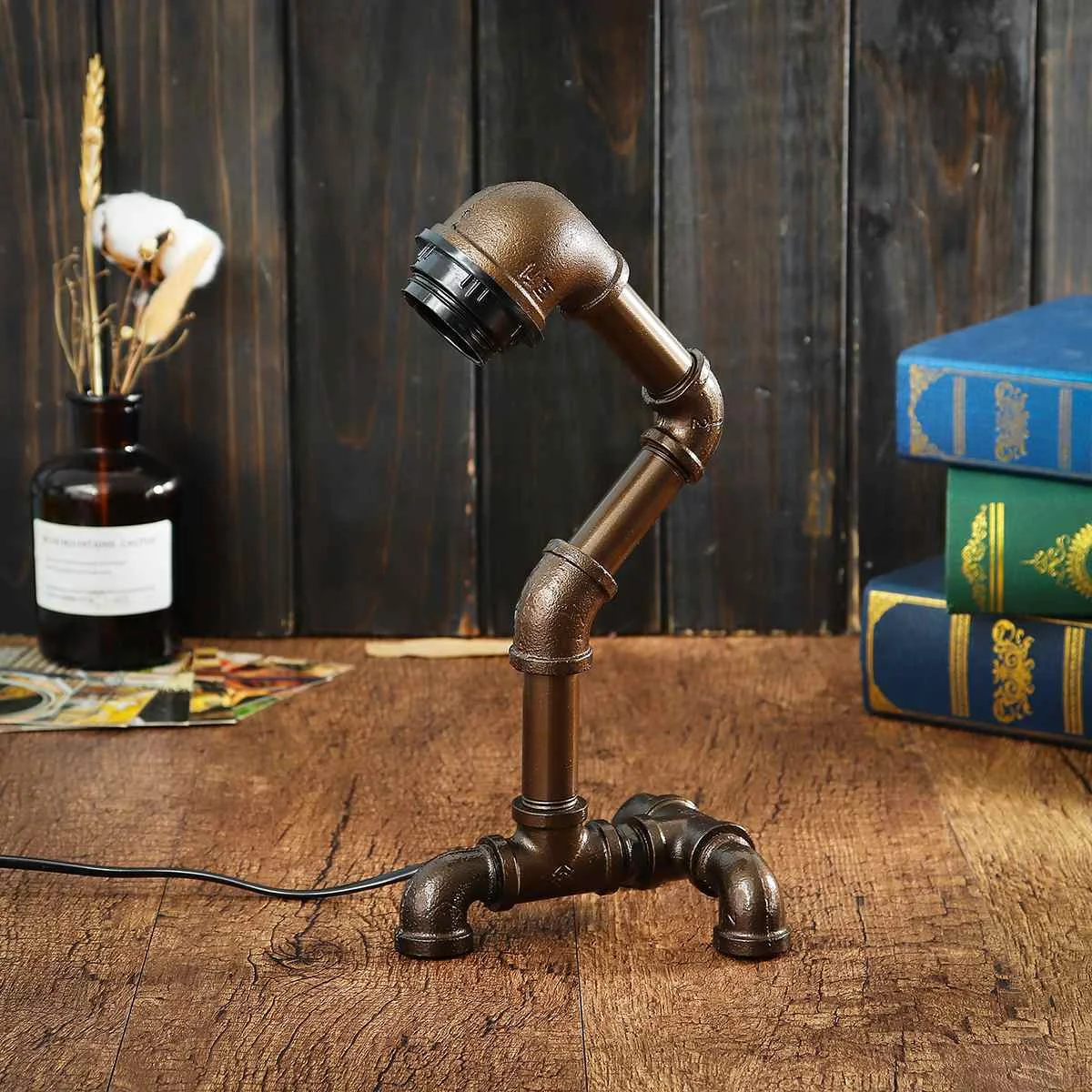  Vintage E27 Bulb Industrial Water Pipe Table Lamp Light Table Desk Lamp Lantern Fixture Indoor Home