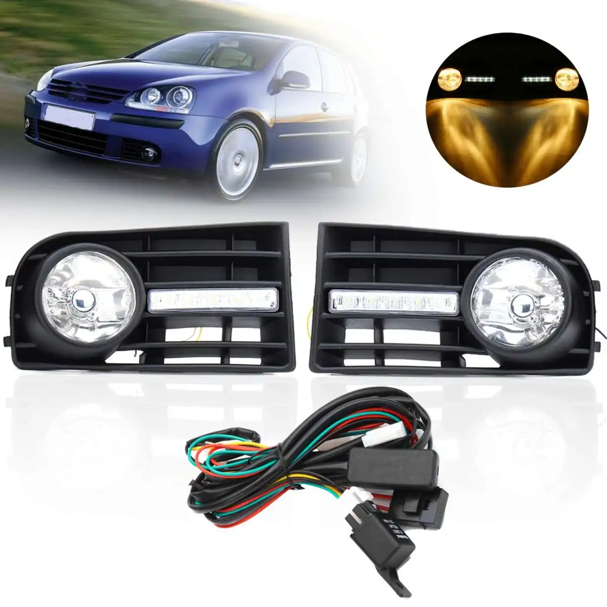 

2pcs White Lens Front Bumper Fog Light Lamp Grilles w/ Relay & Wiring Harness For VW Golf 5 2006 2007 2008 2009