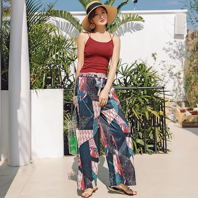 

2019 Women Long Chiffon Pants Wide Leg Mid Waist Vocation Beach Print Pant Bohemian Casual Ladies Loose Trousers