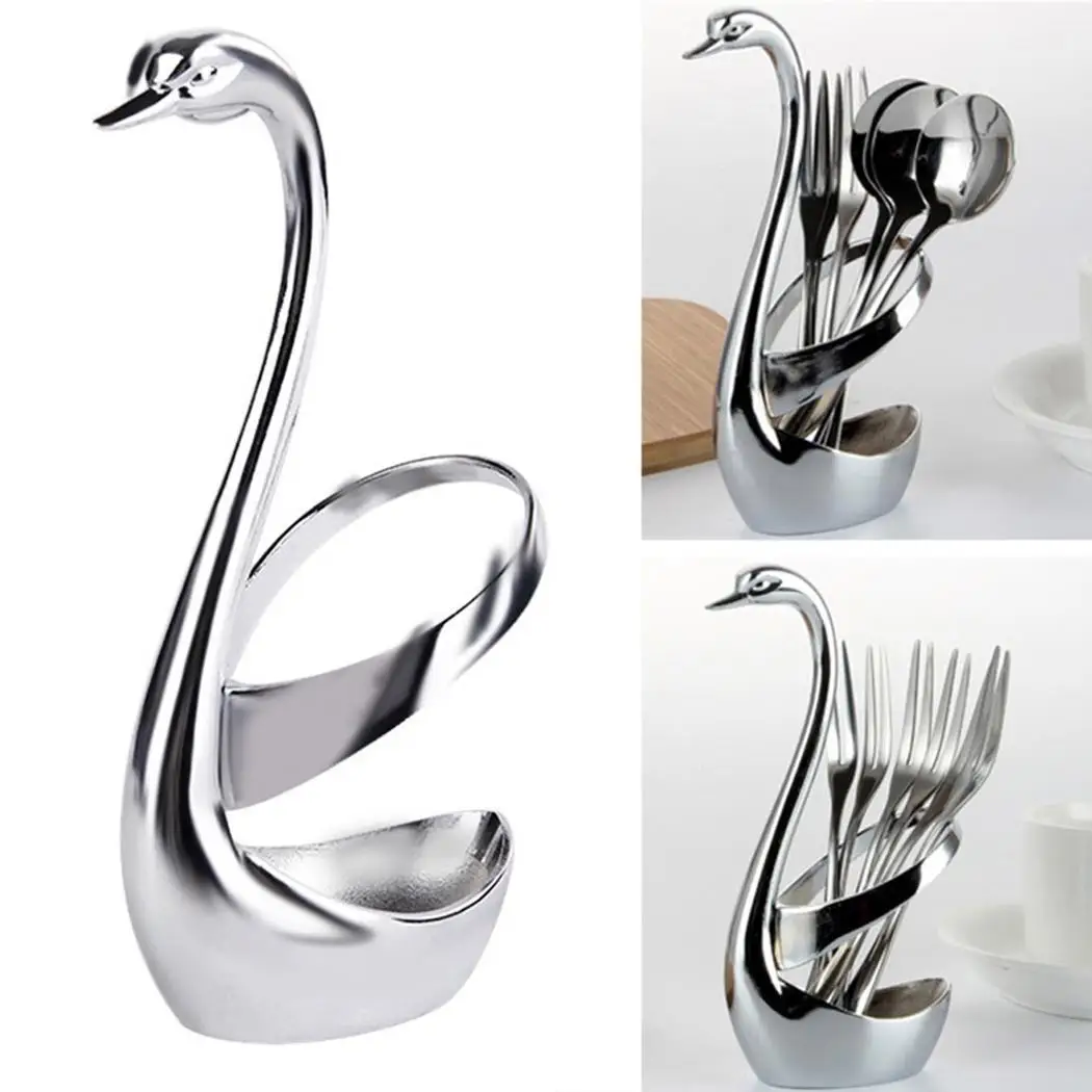 

Kitchen Creative Stainless Steel Swan Shaped Fork Spoon Knife Silver Base Holder