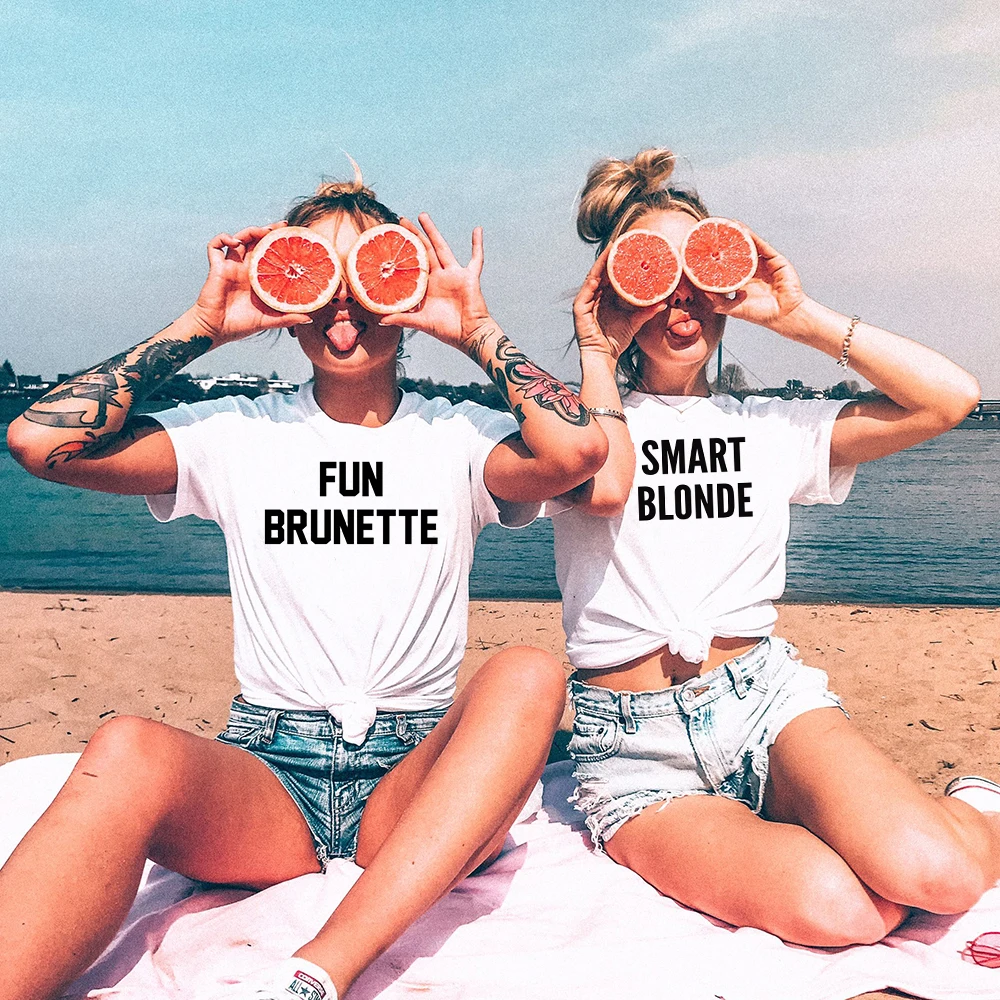 

Fun Brunette Smart Blonde Printed BBF Best Friends T Shirt Women Short Sleeve Loose Shirt Funny Graphic Tee Designer Summer Top