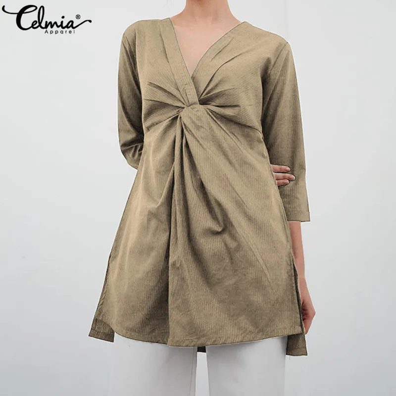 

Celmia Vintage Women Blouse 2019 Summer Sexy V-neck Twisted Pleated Shirts Loose Asymmetrical Linen Tops Casual Blusas Plus Size