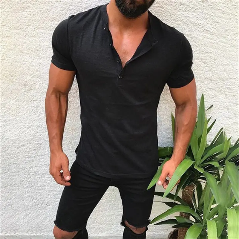 

2018 New Brand Solid Men Summer Cotton T Shirt Tops Casual Loose V Neck Short Sleeve M-2 XL