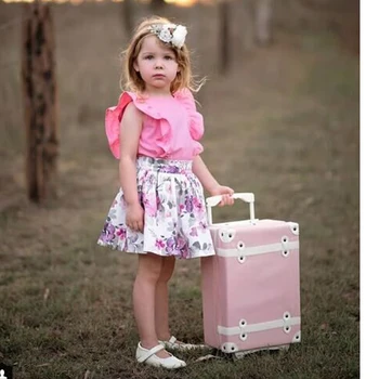 

0-4T Newborn Infant 2pcs Baby Girls Clothes Sets Solid Pink Short Sleeve Ruffles T Shirt Tops Floral Print Skirt Girls Suits Set