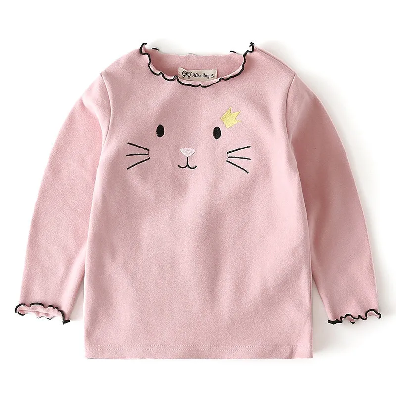 Spring Fall Girls Shirts Cotton Long Sleeve Cartoon Cat Embroidery Children's T-Shirt Girl Kids Baby Toddler Tops And Blouses