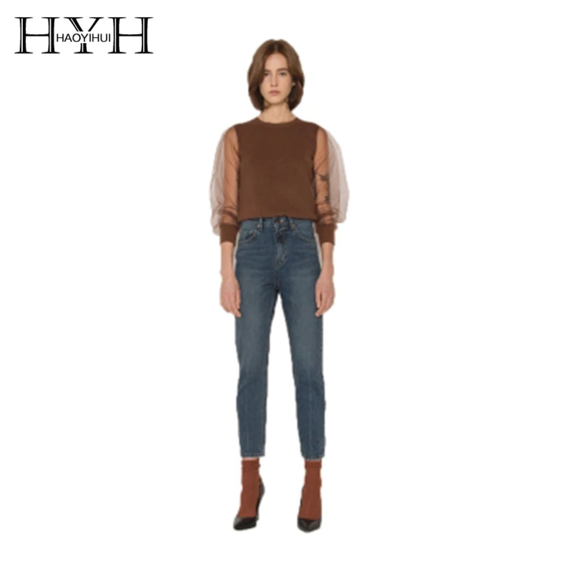 

HYH HAOYIHUI Commuter Simple Perspective Double Mesh Top Lantern Sleeve Cuff Splicing Ribbed Sweater
