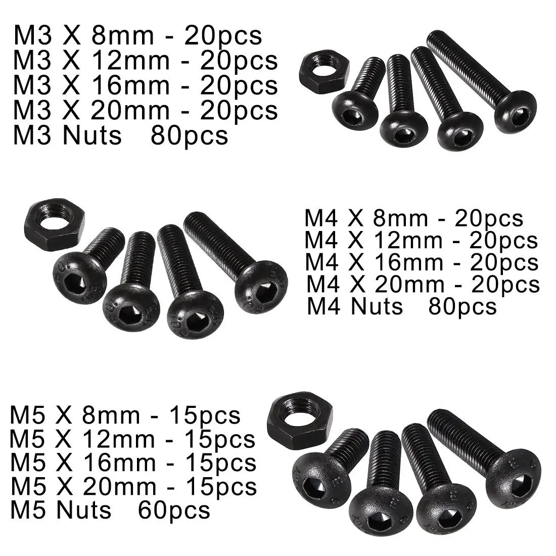 

WSFS Hot 440pcs M3 M4 M5 Alloy Steel Hex Socket Button Head Cap Bolts Screws Nuts Set