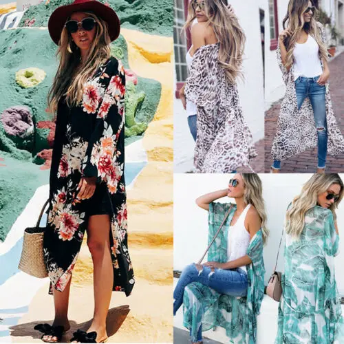 2019 Women Boho Kimono Cardigan Kaftan Shawl Print Beach  Cover Up Coat Long Shirts