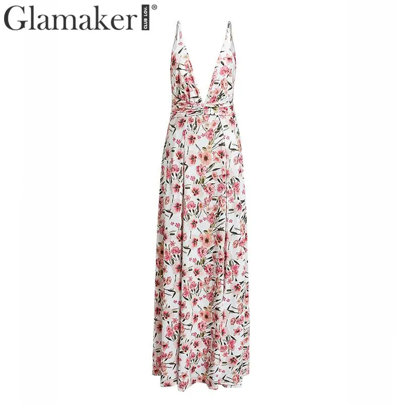 Glamaker الأزهار طباعة v الرقبة زائد حجم ماكسي اللباس المرأة bodycon السامي سبليت خمر اللباس الصيف لونغ بيتش أنيقة مثير اللباس