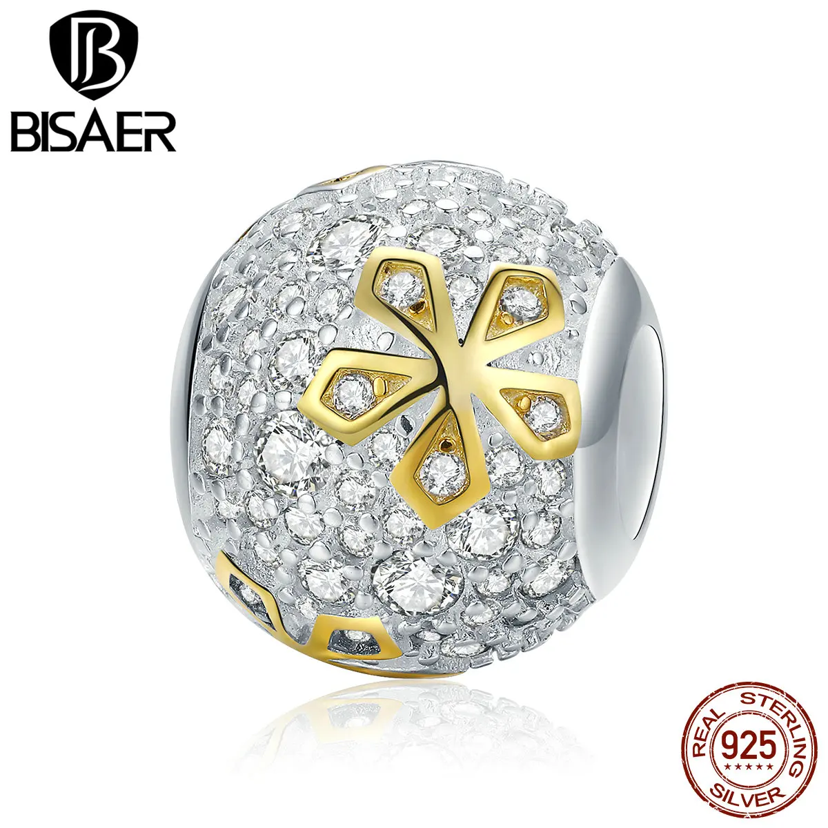 

BISAER 100%Real 925 Sterling Silver Golden CZ Round Shape Beads Jewelry For Necklace&Bracelets Valentine Gift HSC978