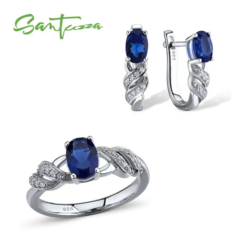 SANTUZZA Ювелирные наборы для женщин, набор ювелирных изделий с голубыми кристаллами, серьги-гвоздики и кольцо, набор ювелирных изделий из чистого 925 пробы серебра