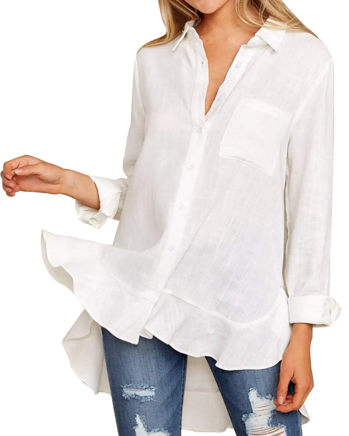 أنيقة الكشكشة البلوزات قمصان النساء 2019 الربيع الخريف مثير السيدات V الرقبة كم طويل غير المتكافئة تنحنح الصلبة قمصان جيوب