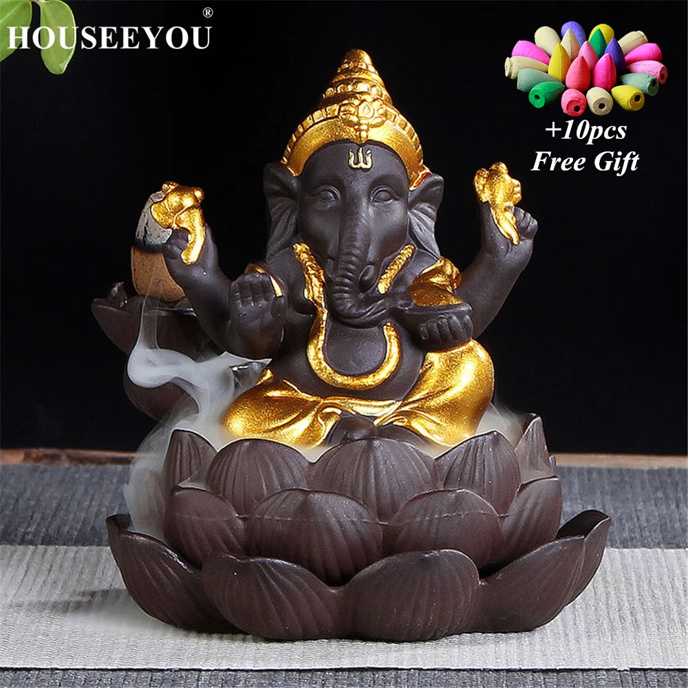 

Indian Lord Ganesha Backflow Incense Burner Waterfall Cone Aroma Smoke Censer Holder Home Office Desk Teahouse Ornament Crafts