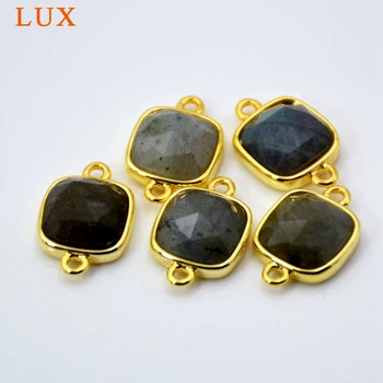 

Natural labradorite connector Faceted square Gem stone charms cute beads jewelry gold bezel findings high quality pendant