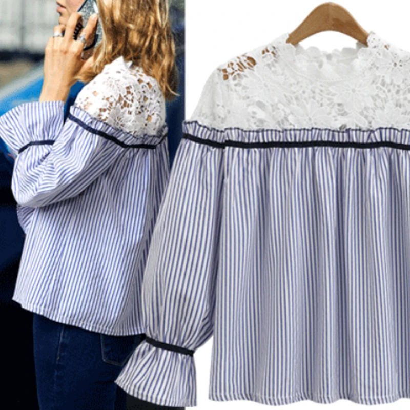 

2018 Woman Blouse Spring Autumn Lace Stripe Patchwork Women Blouses Long Sleeve Casual Tops Loose Shirt Blusas Feminina