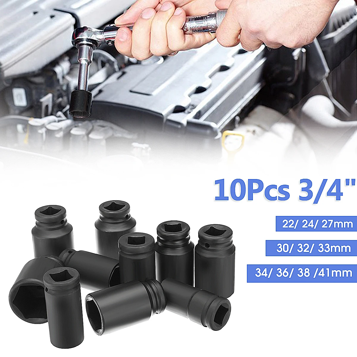 

10pcs 3/4 Inch 22-41mm Chrome Vanadium Metric Drive Deep Air Impact Socket Wrench Tool With Box