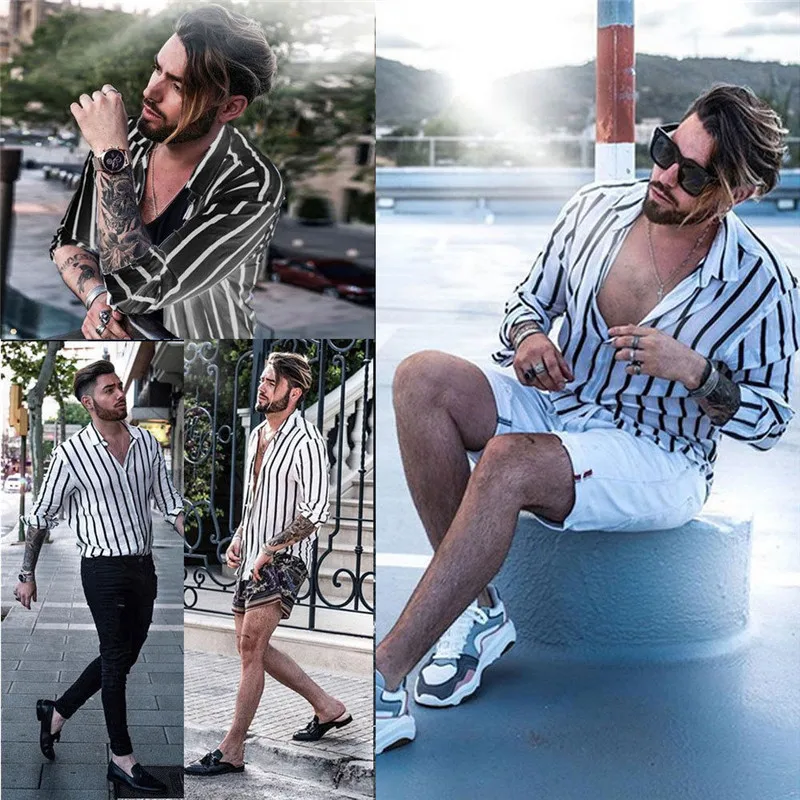 أزياء الرجال صالح سليم الخامس الرقبة طويلة الأكمام العضلات قميص عارضة قمم العصرية العمودي مخطط قميص الشارع الشهير Cemebrities نفس النمط