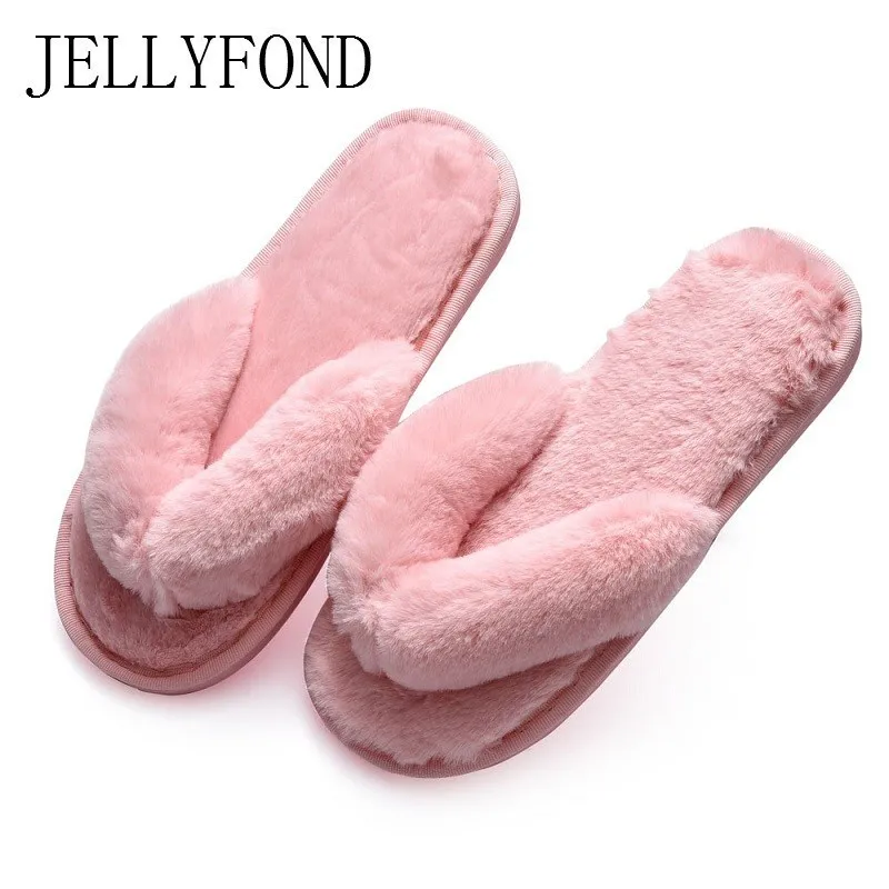 

JELLYFOND Basic Flat Home Slippers Women Warm Fur Flip Flops 2018 Solid Winter Indoor Lady House Shoes Woman Flock Plush Slides