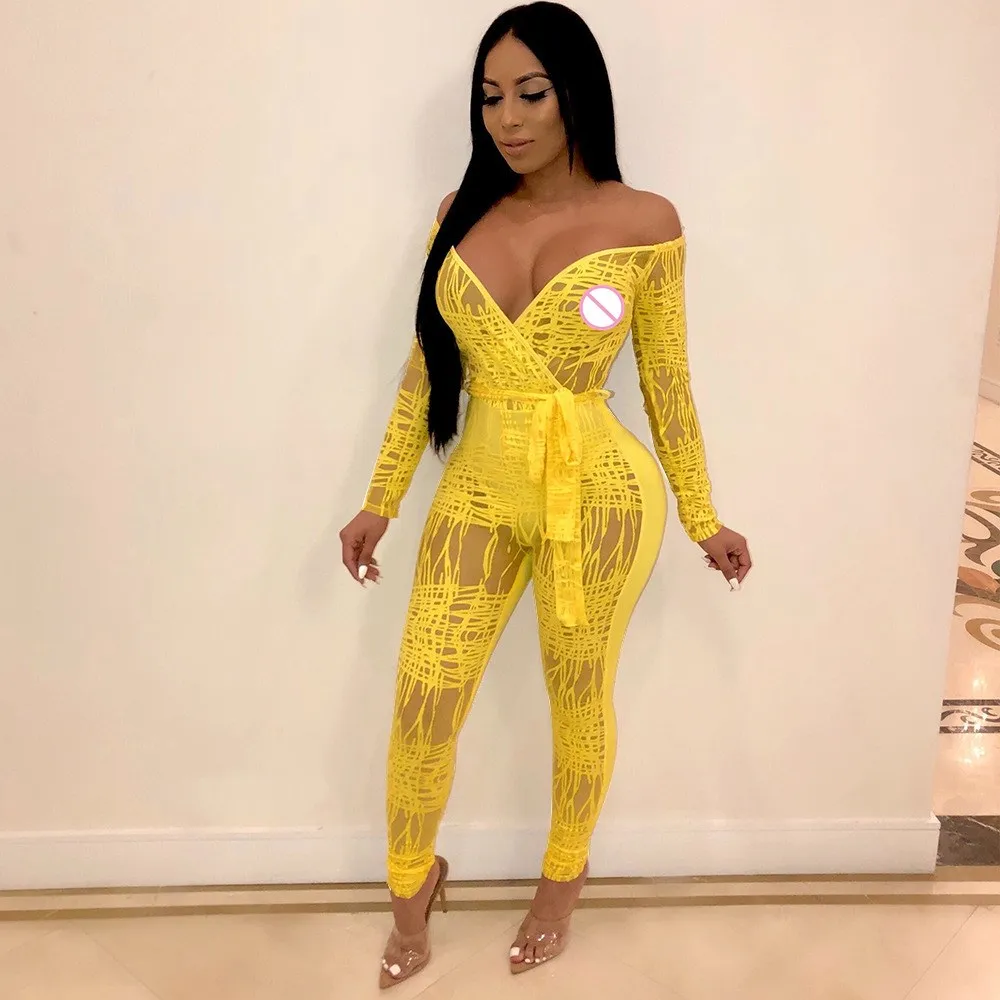 

2019 New Deep V-neck Sexy Jumpsuits Women Fashion Solid Strapless Full Sleeve Pencil Jumpsuit Lace Up Long Romper
