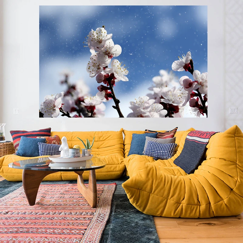 

Early Spring Light Snow Peach Blossom Tapestry Nature Bloomer Picture Print Cloth Home Decoration Curtain Throw