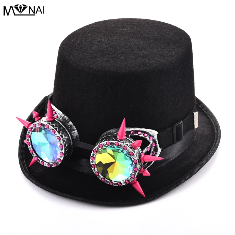 Готическая Женская Мужская черная шляпа в стиле стимпанк с розовыми очки с заклепками для косплея паровые панк-шипы очки фетровая шляпа Ffor Вечерние