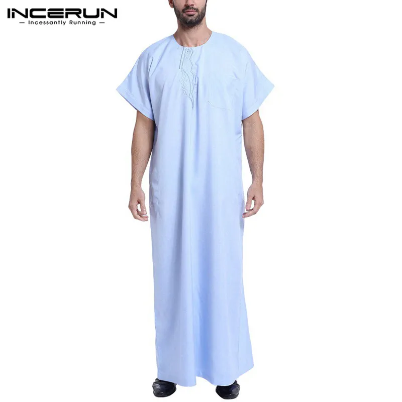 INCERUN, большой 5XL, саудовская Арабская Мужская одежда, короткий рукав, одноцветная, полная длина, домашняя одежда, свободная, винтажная, Исламская, кафтан, ТОБ, Jubba Hombre