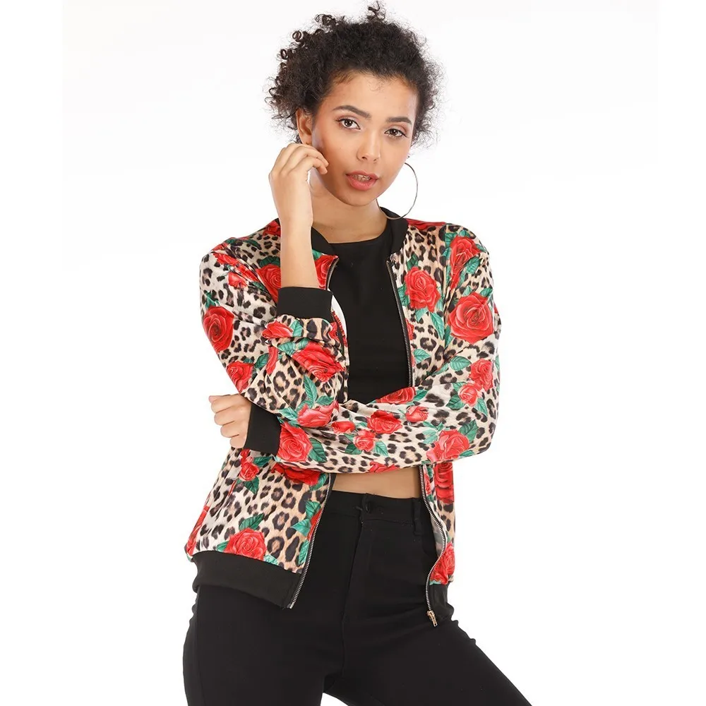 

2019 Leopard Rose Jacket Women Spring Retro Zipper Long Sleeve Basic Bomber Jackets Ladies Chiffon Short Coat Plus Size 5XL