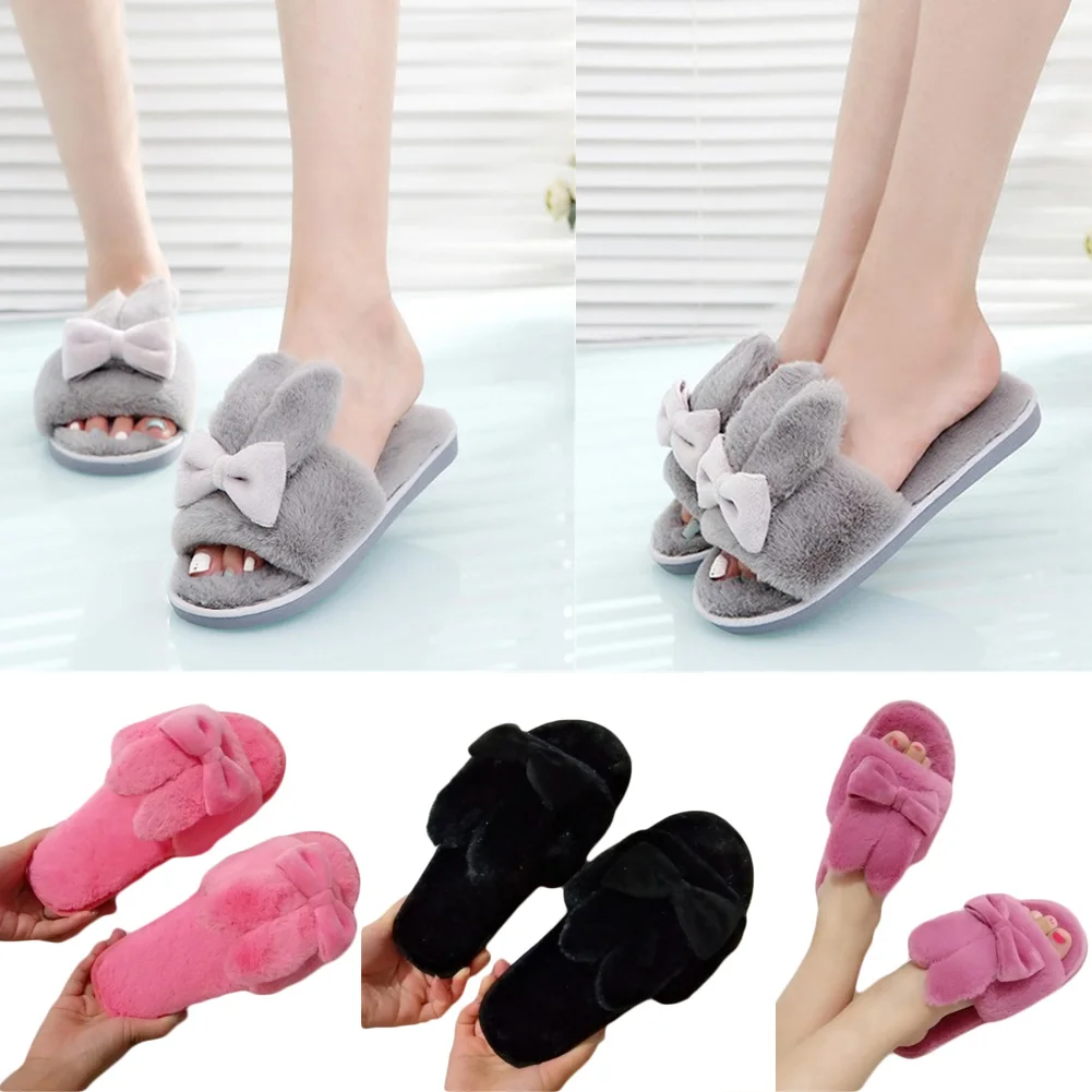 

Rabbit Ear Bow Plush Home Slippers Women Shoessweet Warm Winter Slippers Cute Indoor Furry Couples Slides Shoes